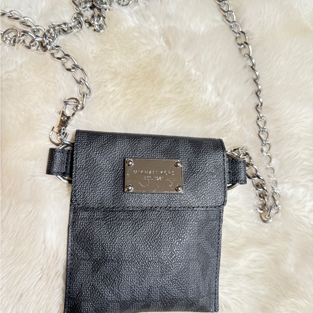 Michael Kor’s Faux Leather Black Waist Bag with Silver Chain